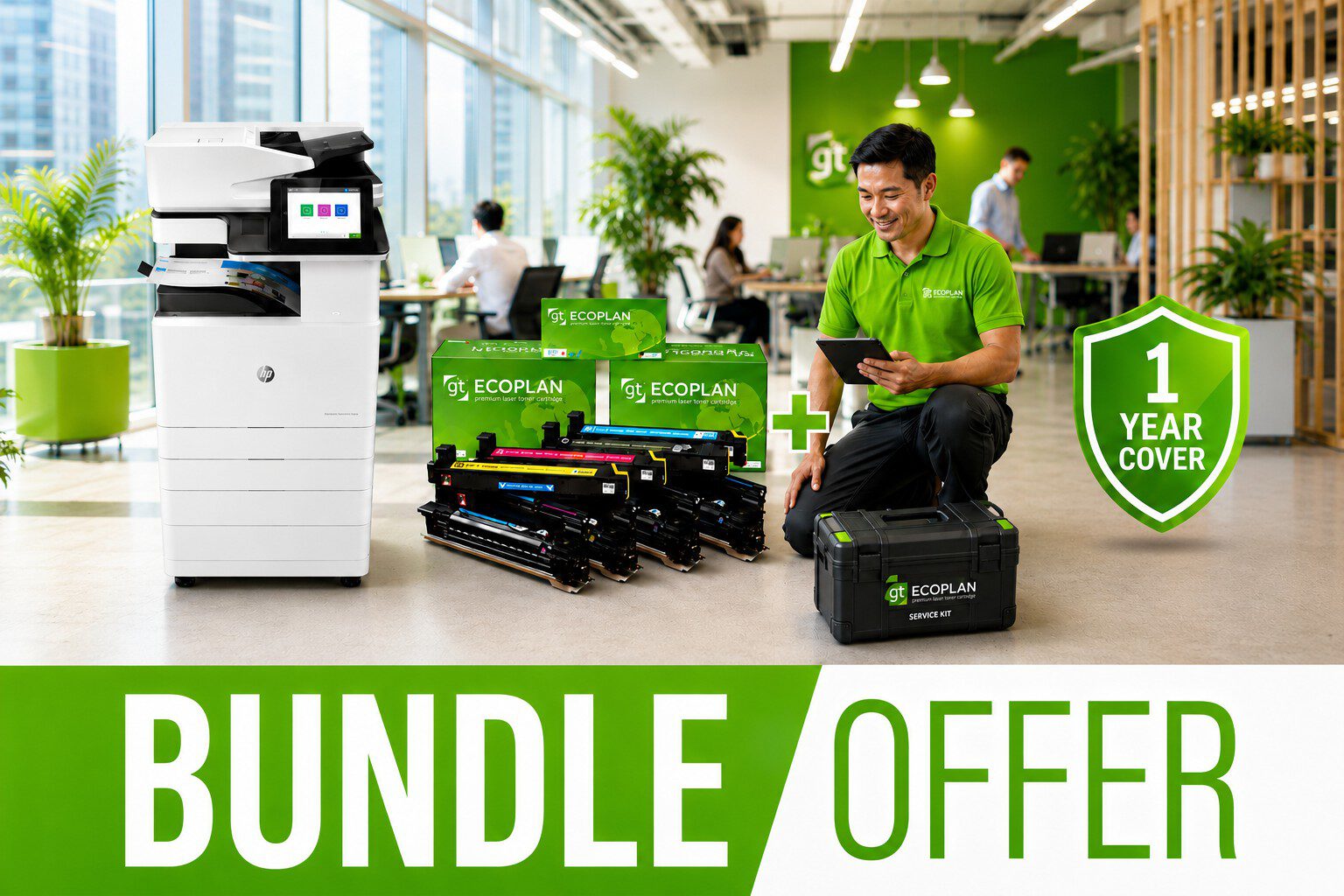 Printer bundle: HP printer, toners, service kit and one year cover