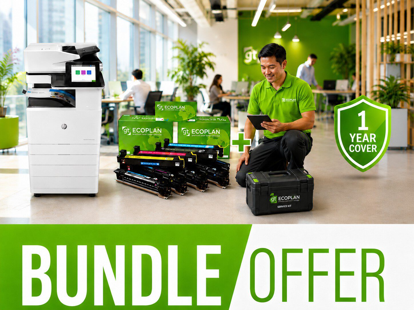 What the bundle includes: printer, toners, service and one year of cover