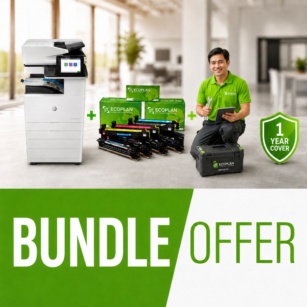 What the bundle includes: printer, toners, service and one year of cover